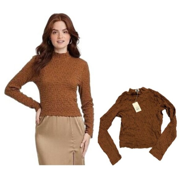 A New Day Women's Long Sleeve Slim Fit Mock Turtleneck T-Shirt Brown Small - Picture 1 of 6